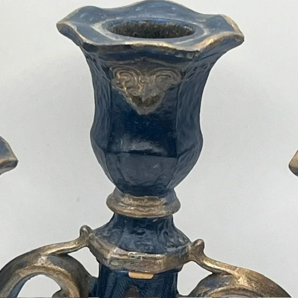 Vintage Nautical Sailing Ship Cast Metal Candelabra 3Arm Candle Holder Blue Gold